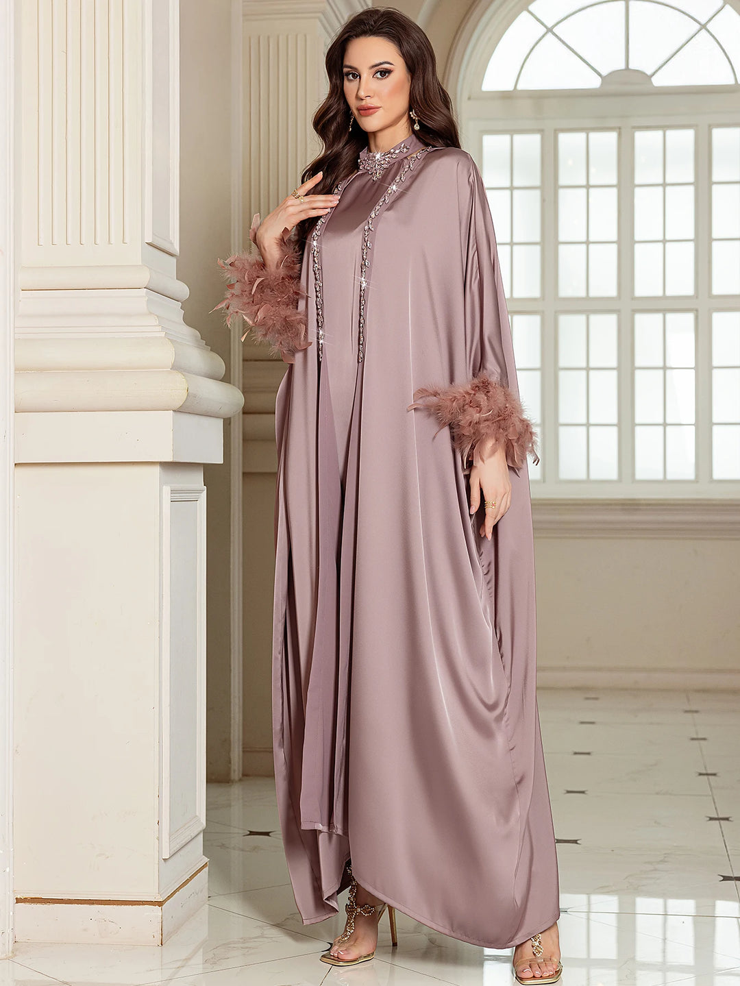The Satin Feather Abaya Set