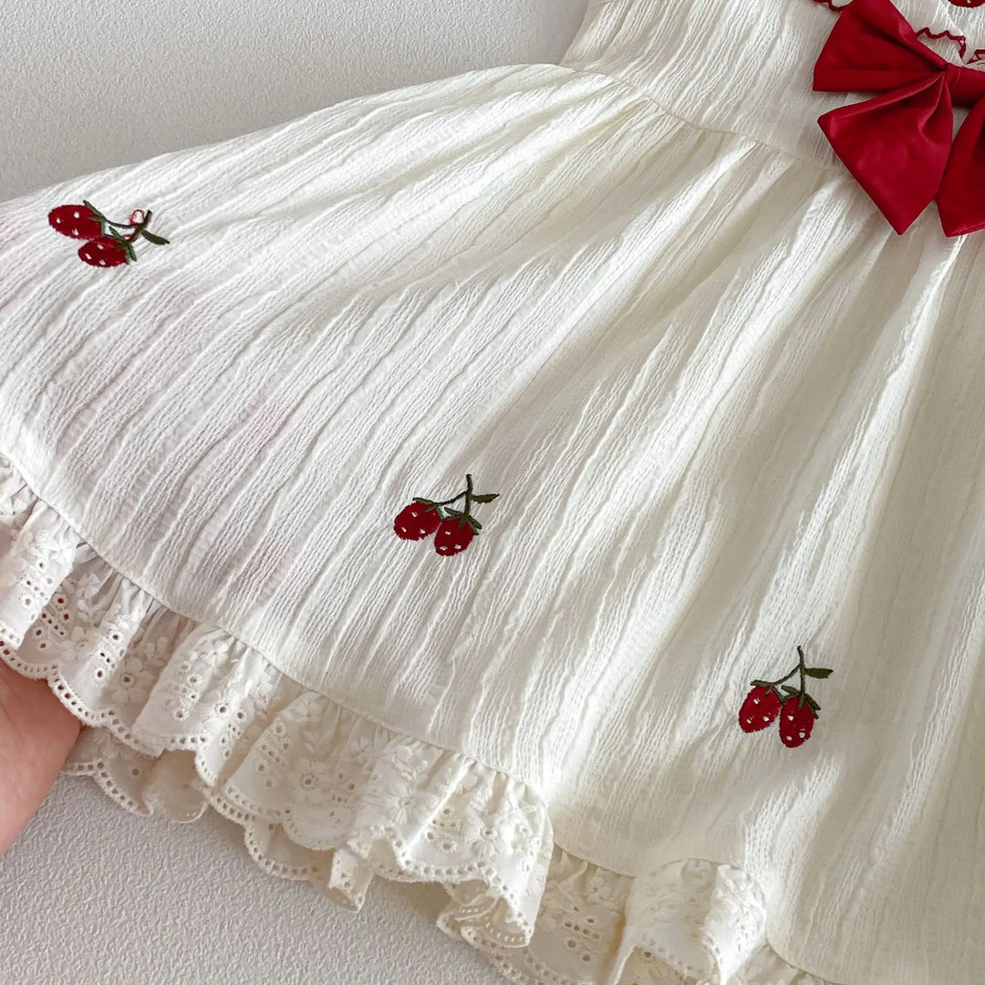 Girls Cherry Embroidered Check Dress