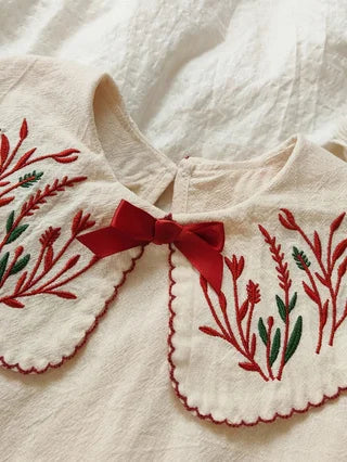 Girls Beige Embroidered Peter Pan Dress