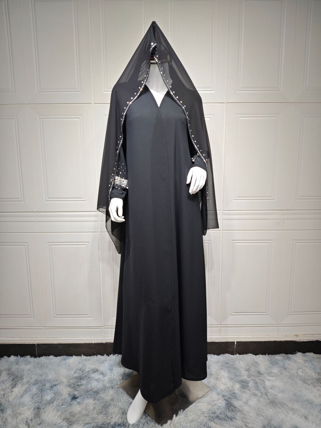 Black Embellished Open Abaya With Headscarf | عباية سوداء مفتوحة مزينة مع طرحة