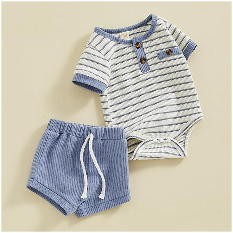 Baby Boys’ Waffle Romper & Shorts Set Size 80–100 | طقم طفل رومبر وشورت وافل مقاس ٨٠–١٠٠
