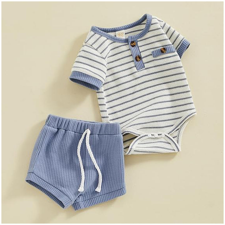 Baby Boys’ Waffle Romper & Shorts Set Size 80–100 | طقم طفل رومبر وشورت وافل مقاس ٨٠–١٠٠