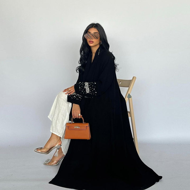 Black Embellished Open Abaya With Headscarf | عباية سوداء مفتوحة مزينة مع طرحة