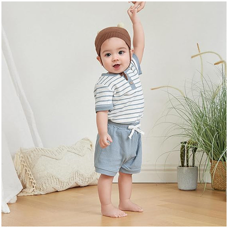 Baby Boys’ Waffle Romper & Shorts Set Size 80–100 | طقم طفل رومبر وشورت وافل مقاس ٨٠–١٠٠
