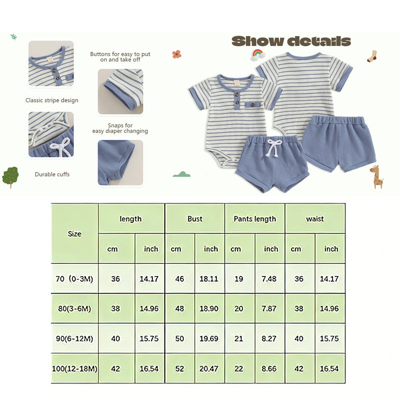 Baby Boys’ Waffle Romper & Shorts Set Size 80–100 | طقم طفل رومبر وشورت وافل مقاس ٨٠–١٠٠