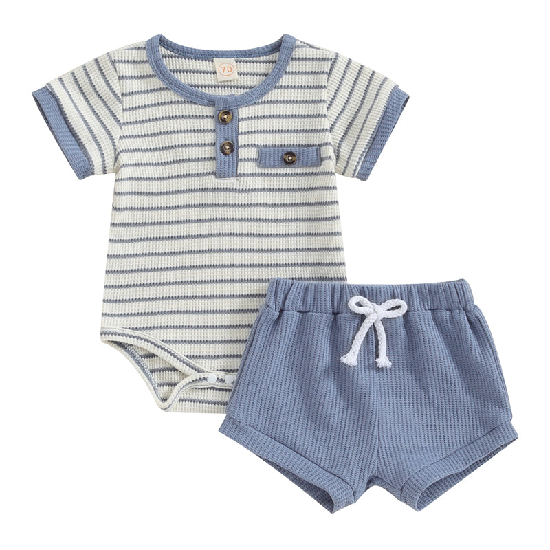 Baby Boys’ Waffle Romper & Shorts Set Size 80–100 | طقم طفل رومبر وشورت وافل مقاس ٨٠–١٠٠
