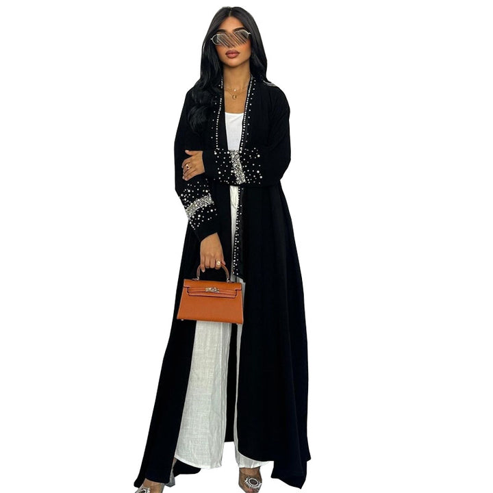Black Embellished Open Abaya With Headscarf | عباية سوداء مفتوحة مزينة مع طرحة