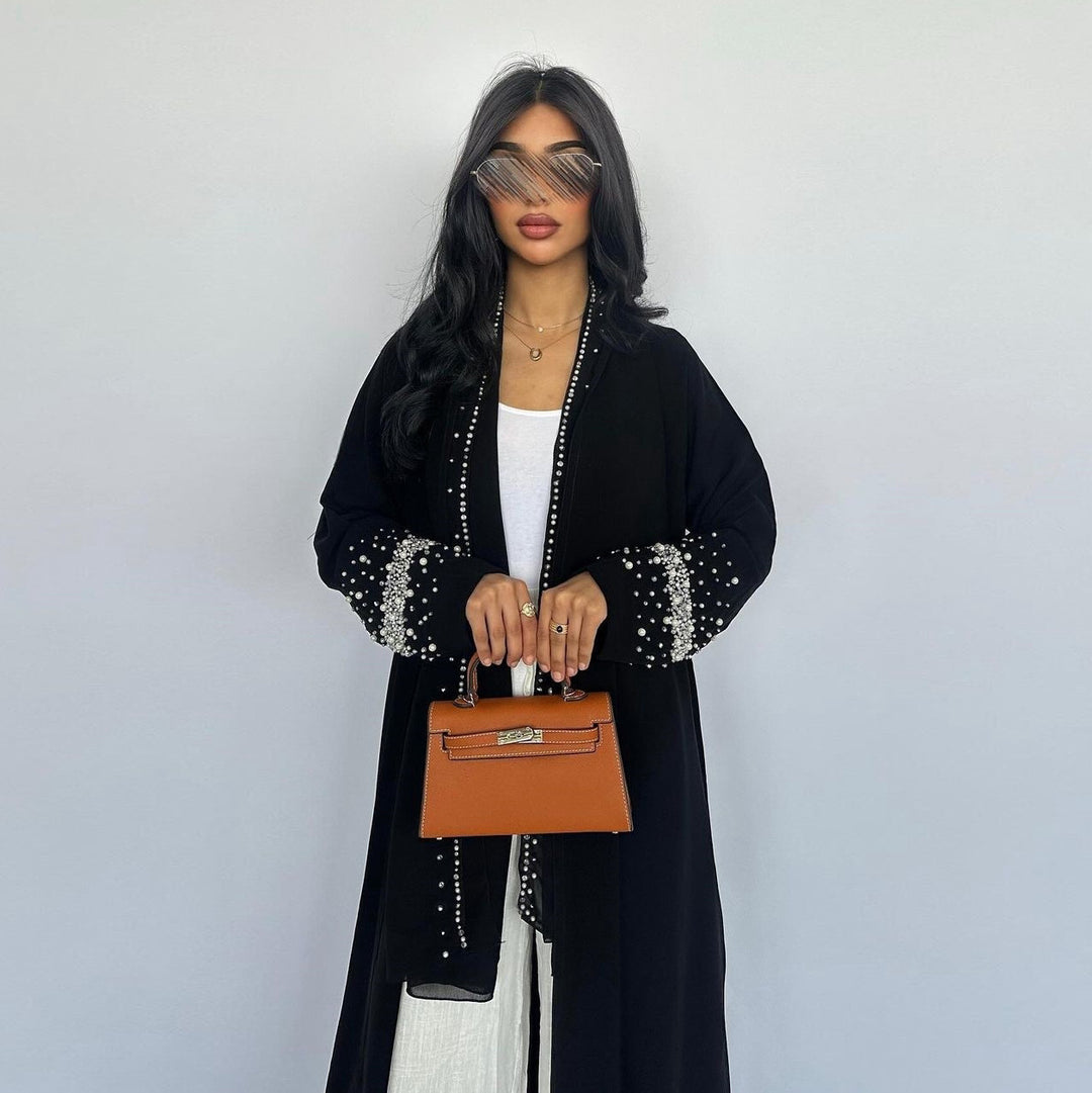 Black Embellished Open Abaya With Headscarf | عباية سوداء مفتوحة مزينة مع طرحة